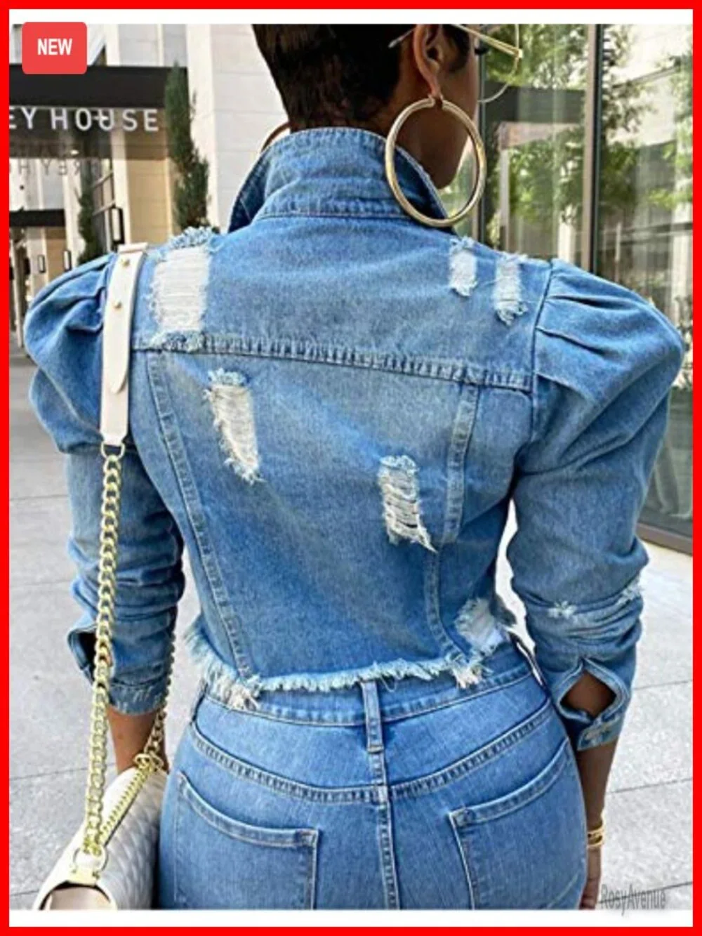 Puff Sleeve Denim Crop Top Long-Sleeve Frayed Hem Jean Jacket
